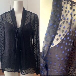 Rachel Zoe Silk Blend Blue Black Swiss Dot Bow Blouse